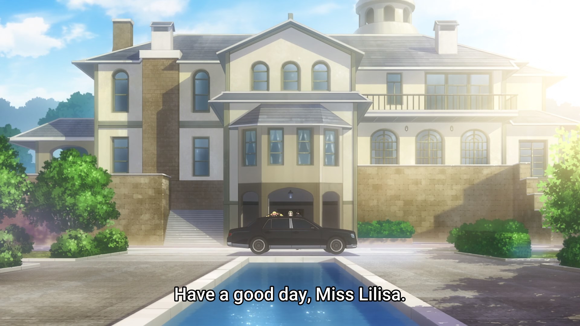 A luxury car is shown waiting in front of a McMansion. Twos mall figures are just visible behind it. The subtitles read Have a good day, Miss Lilisa
